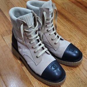 CHANEL 20B Beige Black Quilted CC Platform Combat Lace Up Ankle Short Boot